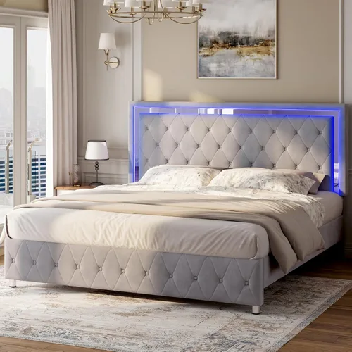 Miniatura 11 de Jocisland Base de cama matrimonial con cabecero y estribo de luces LED, tapizado de terciopelo, plataforma de tamaño matrimonial, no necesita Crema