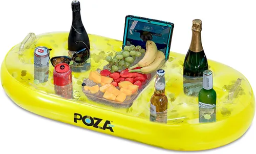 Miniatura 10 de POZA Hielera flotante inflable dorada – Lujoso soporte para bebidas relleno de confeti brillante, flotador de fiesta premium con 8 soportes, barra