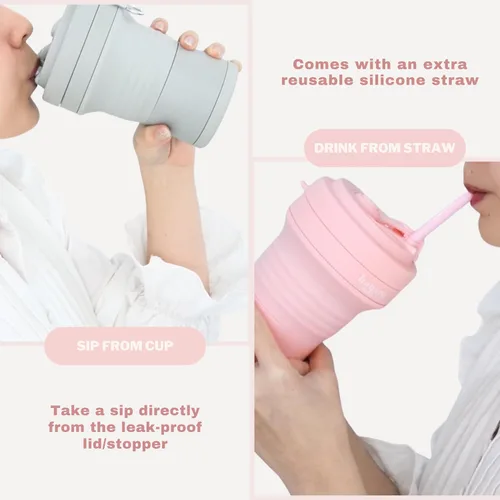 Miniatura 3 de HANARA Taza plegable con popote reutilizable – 18 Oz (550 ml), taza de viaje portátil, sin BPA, a prueba de fugas, apta para microondas y Rosa