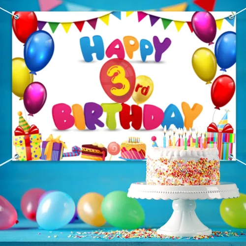 Miniatura 5 de HAMIGAR Fondo de pancarta de feliz cumpleaños de 6 x 4 pies, decoraciones de cumpleaños de 3 años, suministros de fiesta para niñas y niños, colorido