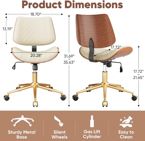 Miniatura 3 de Silla de escritorio de oficina en casa con ruedas giratorias, moderna silla de oficina sin brazos de piel sintética, pequeña silla de computadora