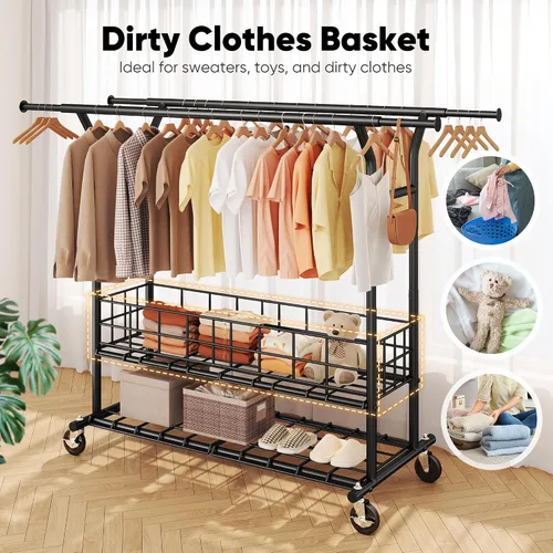 Miniatura 4 de HOKEEPER Perchero resistente con carga de 635 libras, perchero para colgar ropa, barra doble ajustable negra con cesta de metal, perchero portátil