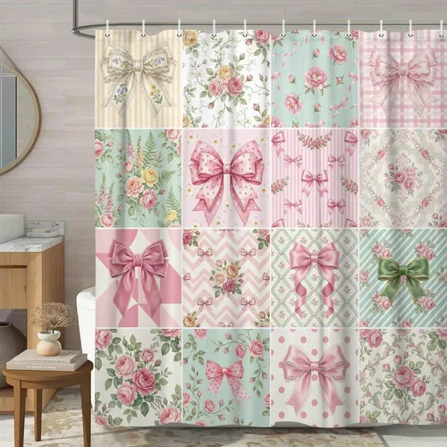 Miniatura 11 de JAWO Cortinas de ducha cosméticas para mujer y niña, elegante perfume de acuarela y lápiz labial, juego de cortinas de baño de tela con ganchos, Azul