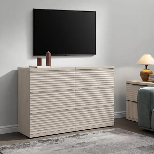 Miniatura 4 de SICOTAS Aparador buffet con almacenamiento, moderna credenza de acento acanalada con 3 cajones más grandes, mesa consola multimedia de mediados