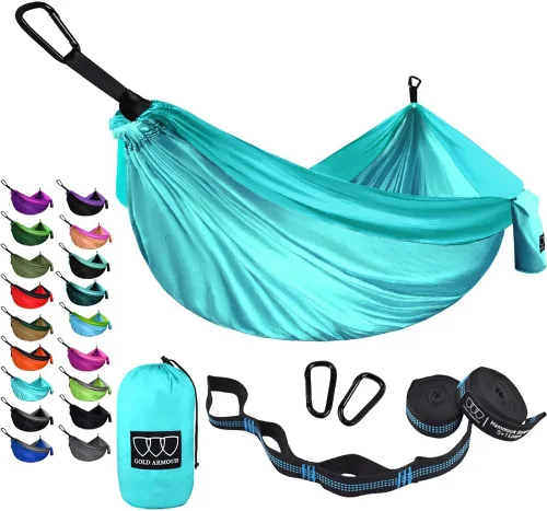 Miniatura 19 de Gold Armour hamaca de campamento, de tela de paracaídas, de marca estadounidense, tamaño único, 2 correas para árbol, 10 trabillas/20 pies Gris/Azul