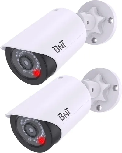 Miniatura 12 de BNT Cámara de seguridad falsa con energía solar, cámara de vigilancia falsa en forma de bala con luz LED roja para noche, calcomanía de advertencia