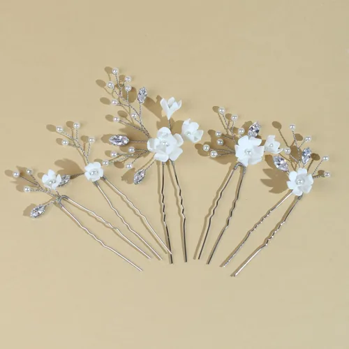 Miniatura 2 de 5 horquillas hechas a mano con perlas para el cabello, 5 unidades, flores blancas, circón, accesorios para el cabello para mujeres, novias, damas