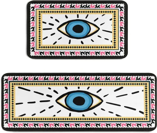 Miniatura 8 de Juego de 2 alfombras de cocina de mal de ojo, psicodélicas, antideslizantes, impermeables, cómodas, para decoración del hogar, sala de estar, 17 x