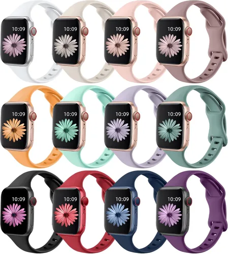 Lerobo - Paquete de 12 bandas delgadas compatibles con Apple Watch de 38, 40, 41, 42, 44, 45, 46 y 49 mm, unisex, correa deportiva de silicona suave