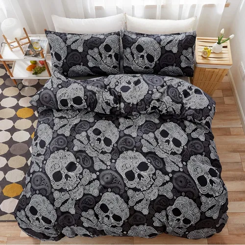 LAMEJOR Juego de funda de edredón tamaño individual, decoración de Halloween, esqueleto de calavera negra, estampado floral, lujoso, suave, funda de