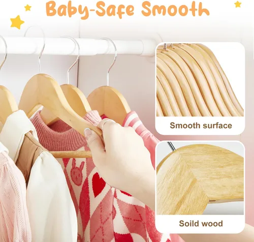 Miniatura 4 de HOUSE DAY Perchas de madera para el armario, paquete de 20 perchas de madera para ropa de bebé, percha de madera resistente con barra antideslizante