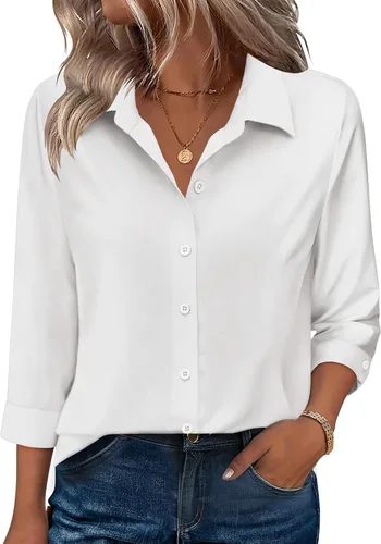 Miniatura 25 de Zeagoo Camisas con botones para mujer, manga 3/4, cuello en V, blusas con cuello en V, trajes casuales de negocios