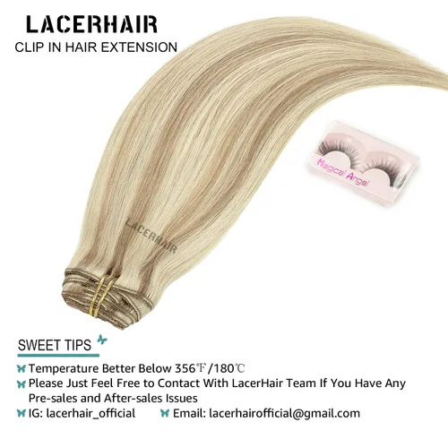 Miniatura 6 de Lacer Extensiones de cabello humano real con clip, color castaño claro, con reflejos rubio platino, grueso, sedoso y lacio, extensiones de cabello