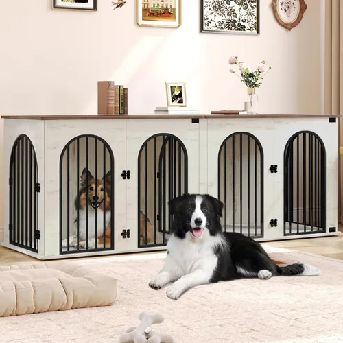 Miniatura 15 de Hzuaneri Mueble de jaula para perros de 88.4 pulgadas para 2 perros, soporte de TV para perreras de interior resistente, jaula de madera XXL