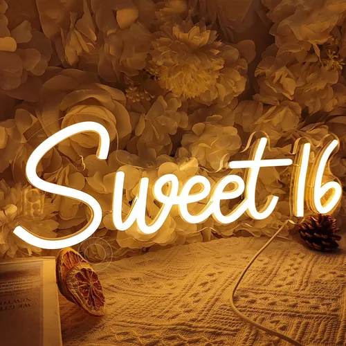 SYLHOME Letrero LED de Neón Dulce 16 para Chicas Adultas Dormitorio Feliz Decoración de Pared de Fiesta de Cumpleaños 16 Años Banner de Hermana
