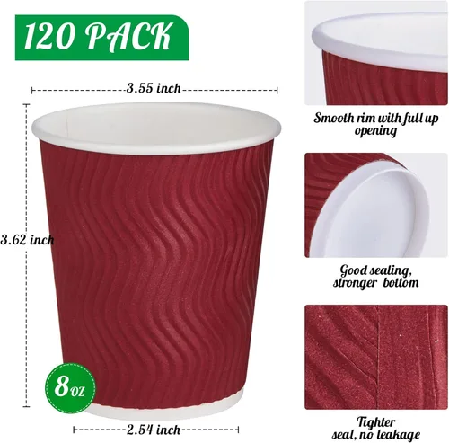 Miniatura 2 de JollyPack Paquete de 120 Tazas de Café de Papel, Tazas de Café Desechables de 8 oz, Tazas Rojas para Bebidas Calientes con Pared Ondulada Aislante