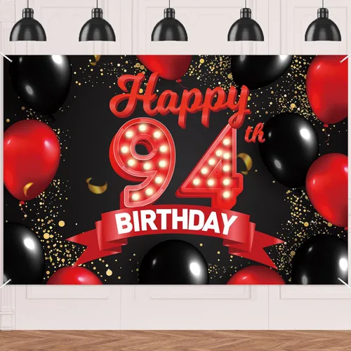 Cartel de feliz cumpleaños 94 color rojo y negro, decoración temática de globos para niñas y mujeres, princesa de 94 años, fiesta de cumpleaños,