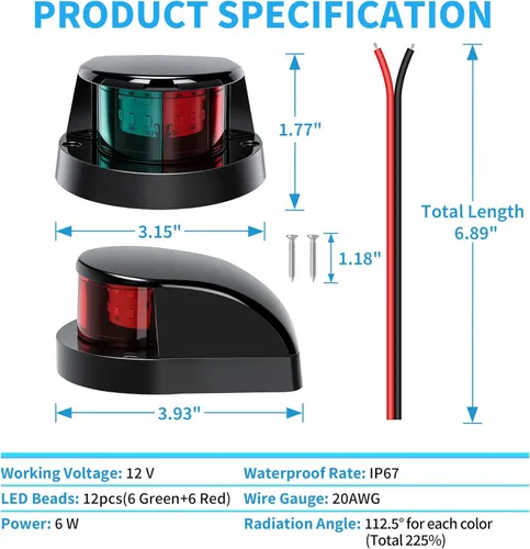 Miniatura 8 de Obcursco Luces de Navegación para Barco, Luces LED Marinas de Proa Verdes y Rojas, IP67 Impermeable, Resistente a la Oxidación, Ideal para Pontón