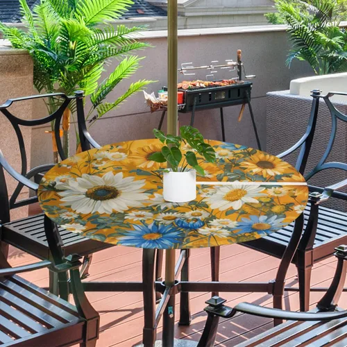 Miniatura 2 de Mantel redondo para exteriores con agujero para paraguas, mantel de temporada con margaritas para exteriores, con cremallera, impermeable, mantel