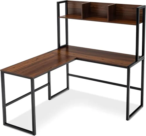 MEDIMALL Escritorio en forma de L con estante de almacenamiento, escritorio esquinero reversible, mesa de juegos con marco de metal resistente,