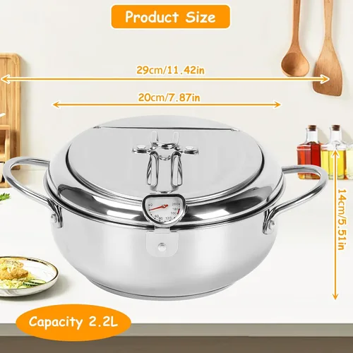 Miniatura 2 de Olla para freidora, 11 pulgadas/4.4 cuartos de galón, freidora de tempura japonesa con termómetro, olla freidora de acero inoxidable 304 para papas