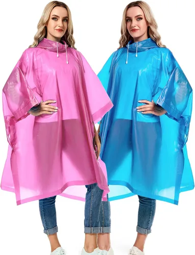 Miniatura 54 de Paquete de 2 ponchos de lluvia para adultos, reutilizables, impermeables, de supervivencia, emergencia, resistente, con capucha con cordón