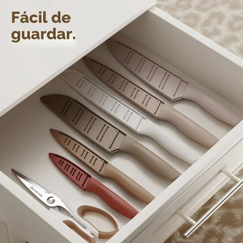 Miniatura 6 de Astercook Juego de cuchillos, juego de 13 piezas de cuchillos de cocina con revestimiento saludable antióxido, apto para lavavajillas, juego de Crema