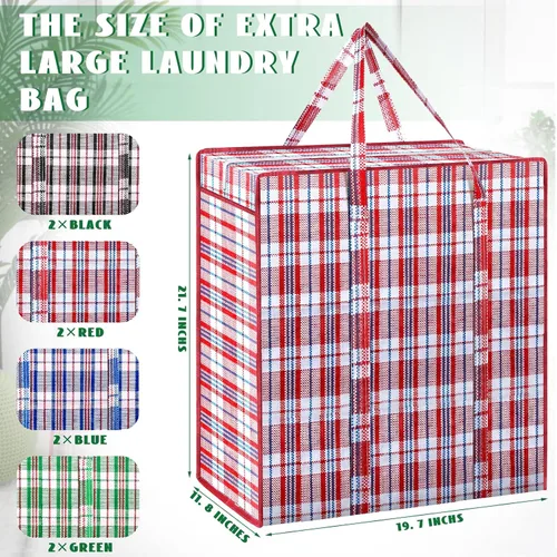 Miniatura 2 de Hoolerry 8 bolsas grandes de plástico para lavandería con cremallera de 82.5 L, bolsa de mudanza a cuadros resistente con asas para empacar ropa