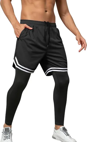 Miniatura 2 de SILKWORLD Pantalones de correr 2 en 1 para hombre, pantalones deportivos de compresión, leggings de entrenamiento con bolsillos con cremallera