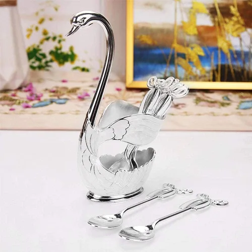 Miniatura 3 de Juego de cucharas de postre de café de metal con soporte, cisne para cucharas, base de cubiertos de frutas, organizador de 6 piezas de helado