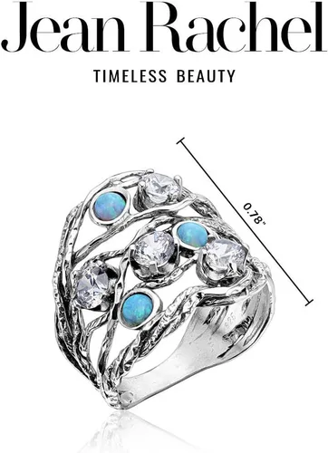 Miniatura 7 de Anillo de plata de ley 925 con 3 ópalo redondo azul y 4 circonitas cúbicas redondas blancas, aspecto vintage bohemio, hipoalergénico, sin níquel ni