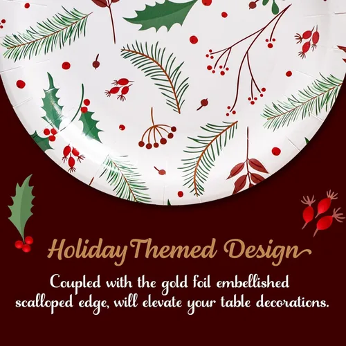 Miniatura 6 de MATICAN Platos de papel para fiesta, paquete de 50 platos de papel desechables, suministros de fiesta de Navidad, diseño de acebo de Navidad, platos