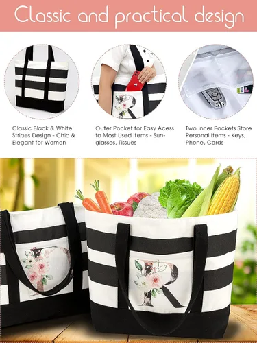 Miniatura 3 de PARBEE Bolso tote de lona con iniciales, diseño de rayas y flores, con cremallera superior, bolsas de playa grandes con monograma de regalo