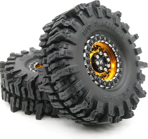 Miniatura 4 de HOBBYSOUL Neumáticos 1.9 de 4.72 pulgadas/4.724 in y ruedas de aluminio 1.9 Beadlock dorado negro para camión oruga 1/10, Axial, SCX10, Traxxas