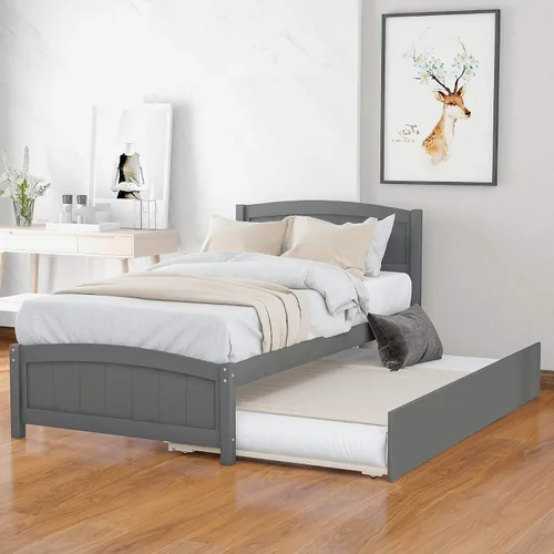 Miniatura 9 de Merax Cama de plataforma de madera tamaño individual, marco de cama con cama nido, no requiere somier, color espresso