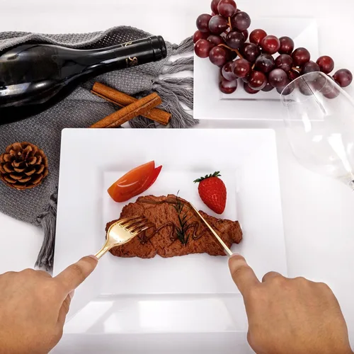 Miniatura 5 de Liacere 100 piezas de platos cuadrados de plástico blanco - 50 piezas de platos de cena resistentes de 9.5 pulgadas y 50 piezas de platos de postre