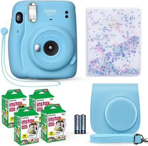 Cámara instantánea Fujifilm Instax Mini 11 azul cielo + paquete de película fotográfica Fuji (40 hojas) + paquete de accesorios para obturador,