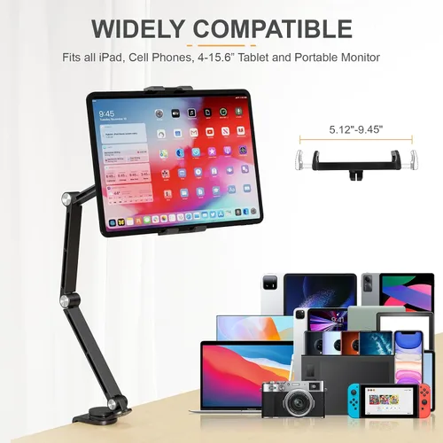 Miniatura 2 de Houele Soporte para Tableta, Brazo Plegable Ajustable para Tableta iPad Soporte de Escritorio con Base Giratoria de 360°, Soporte para Teléfono