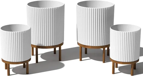 Miniatura 13 de Veradek Demi Series - Maceta redonda con soporte para porche o patio, compuesto de piedra de plástico duradero y soporte de madera, decoración