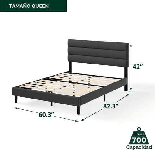 Miniatura 2 de Zinus Queen Piper - Cama de plataforma tapizada con cabecera con paneles horizontales, soporte de listones de madera, no necesita somier, fácil