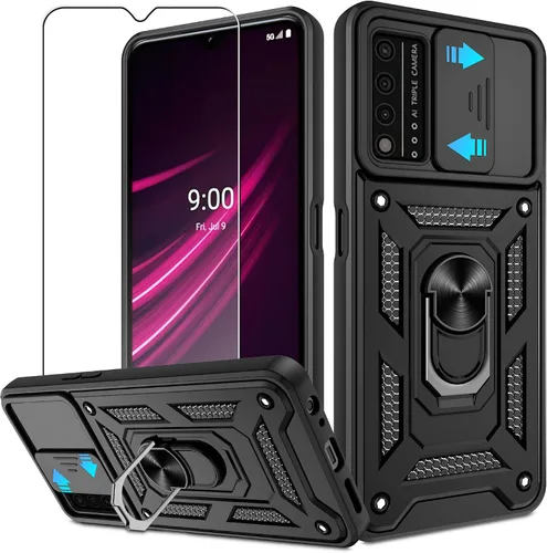 ATUMP Funda para T-Mobile Revvl V Plus 5G con protector de pantalla HD con cubierta de cámara deslizante, soporte de anillo de rotación de 360° Negro