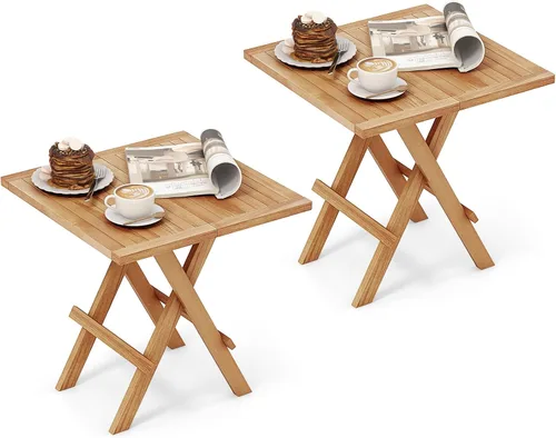 Miniatura 10 de RELAX4LIFE Mesa auxiliar plegable para exteriores, mesa auxiliar de madera de teca, mesa de café octogonal con mesa de listones, mesa de campamento