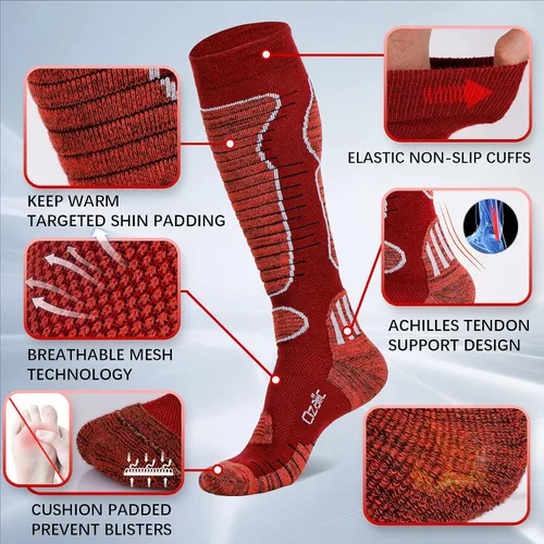 Miniatura 6 de Calcetines de esquí de lana merino para hombre y mujer, 2 pares para esquí, snowboard, térmicos hasta la rodilla, calcetines de rendimiento