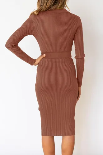 Miniatura 2 de Lynwitkui Vestido de suéter acanalado de manga larga con cuello en V para mujer, con botones y lazo en la cintura