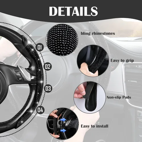 Miniatura 5 de CAR PASS 2 piezas de funda de volante con diamantes brillantes segmentada con cristales de imitación de diamantes, protector de volante
