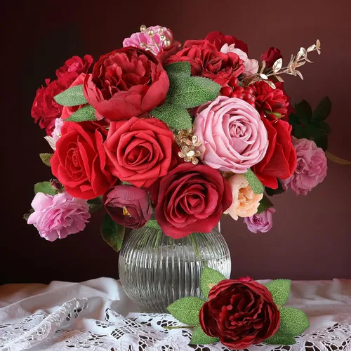 Miniatura 6 de AmyHomie Flores Artificiales Rojas Combo Mezcla de Seda Peonía Rosa Flores Falsas con Tallo para el Día de San Valentín DIY Ramos de Boda Centros