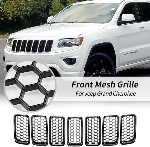 Miniatura 2 de 7 piezas de insertos de rejilla frontal de malla de panal negro brillante reemplazan para Jeep Grand Cherokee 2017-2021