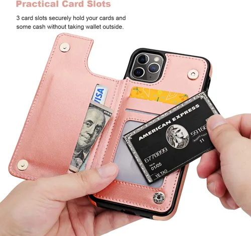 Miniatura 5 de Vaburs Funda para iPhone 11 Pro Max con tarjetero, diseño de mariposa en relieve de piel sintética de alta calidad, doble botones magnéticos, a Oro