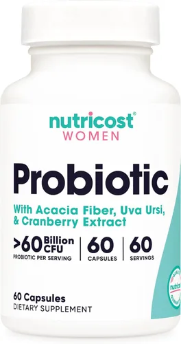 Nutricost Probiótico para mujeres 60 mil millones de UFC, 60 cápsulas, complejo con fibra de acacia, Uva Ursi y extracto de arándano, sin OMG y sin