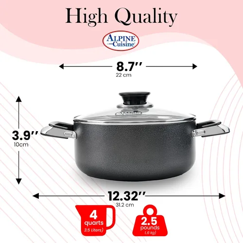 Miniatura 3 de Alpine Cuisine Olla antiadherente de 4 cuartos con tapa de vidrio templado y asas de transporte, utensilios de cocina multiusos, horno holandés